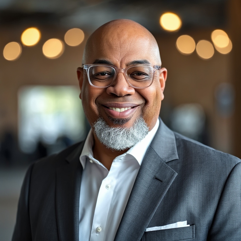 Russell Betts: Smiling bald man with grey beard/suit and glasses. Confident pose in soft, warm indoor lighting.
