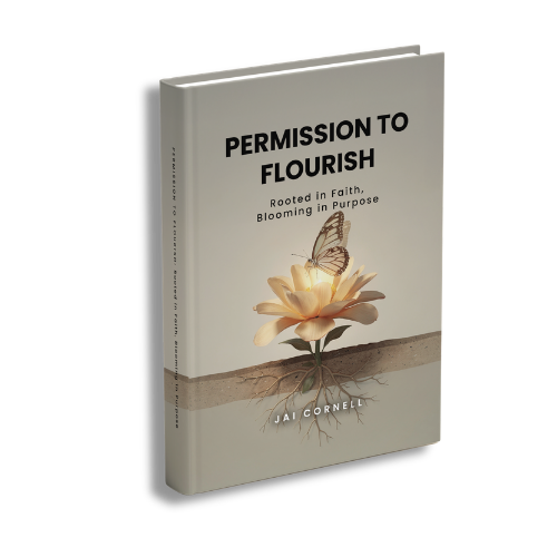 Permission to Flourish' by Jai Cornell; blooming flower and butterfly symbolizing growth and transformation.